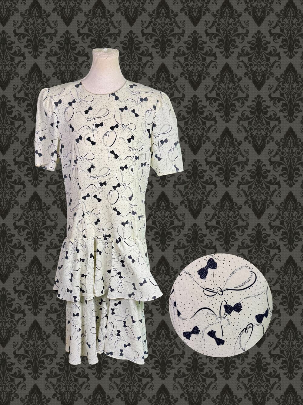 Vintage 1980s John Roberts Ivory Black Drop Waist Bow Print Ruffle Dress 11/12